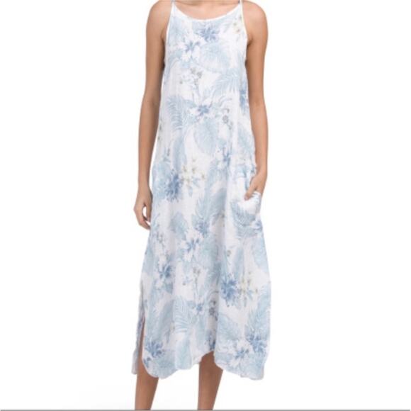 Lungo L’arno MEDIUM 100% Linen Sleeveless Midi Dress Floral A-Line Pockets NWT - Picture 2 of 12